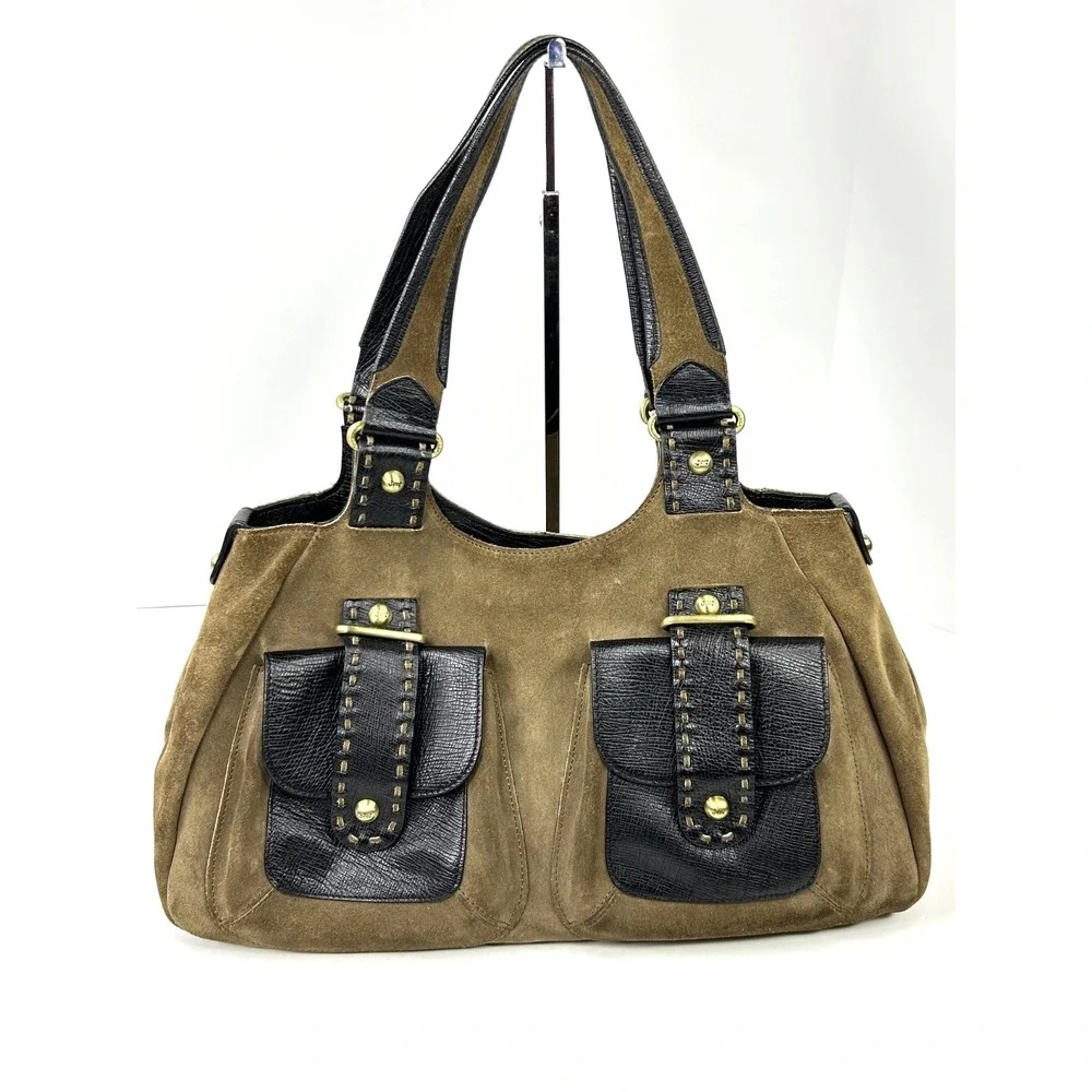 VTG Monsac Original Italian Suede & Leather Multipocket Shoulder Bag Brown Large